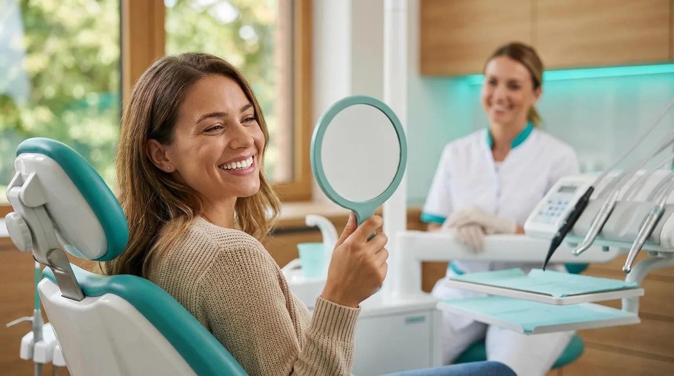 Junge Frau betrachtet zufrieden ihr strahlendes Lächeln im Spiegel nach einer Bleaching-Behandlung